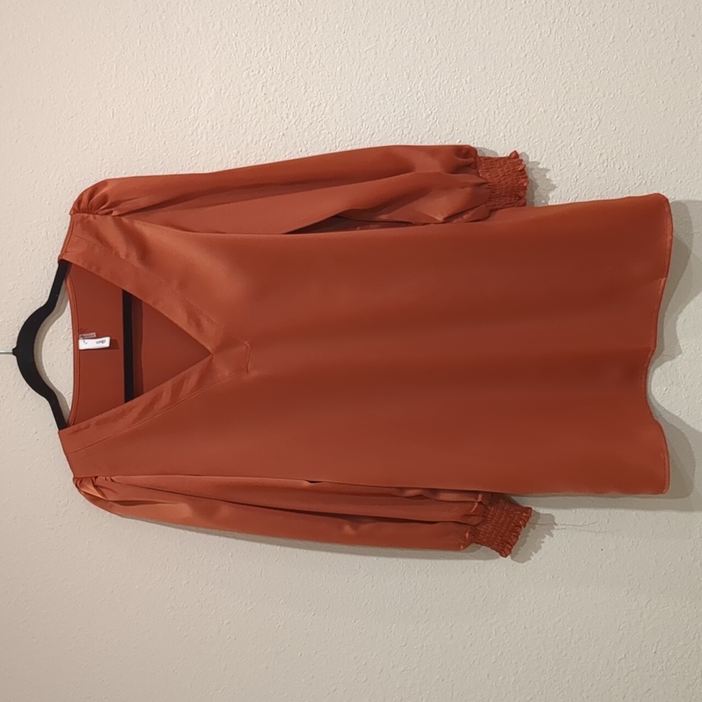 Glam Rust Orange Satin V-Neck Long Sleeve Dress Size Small
